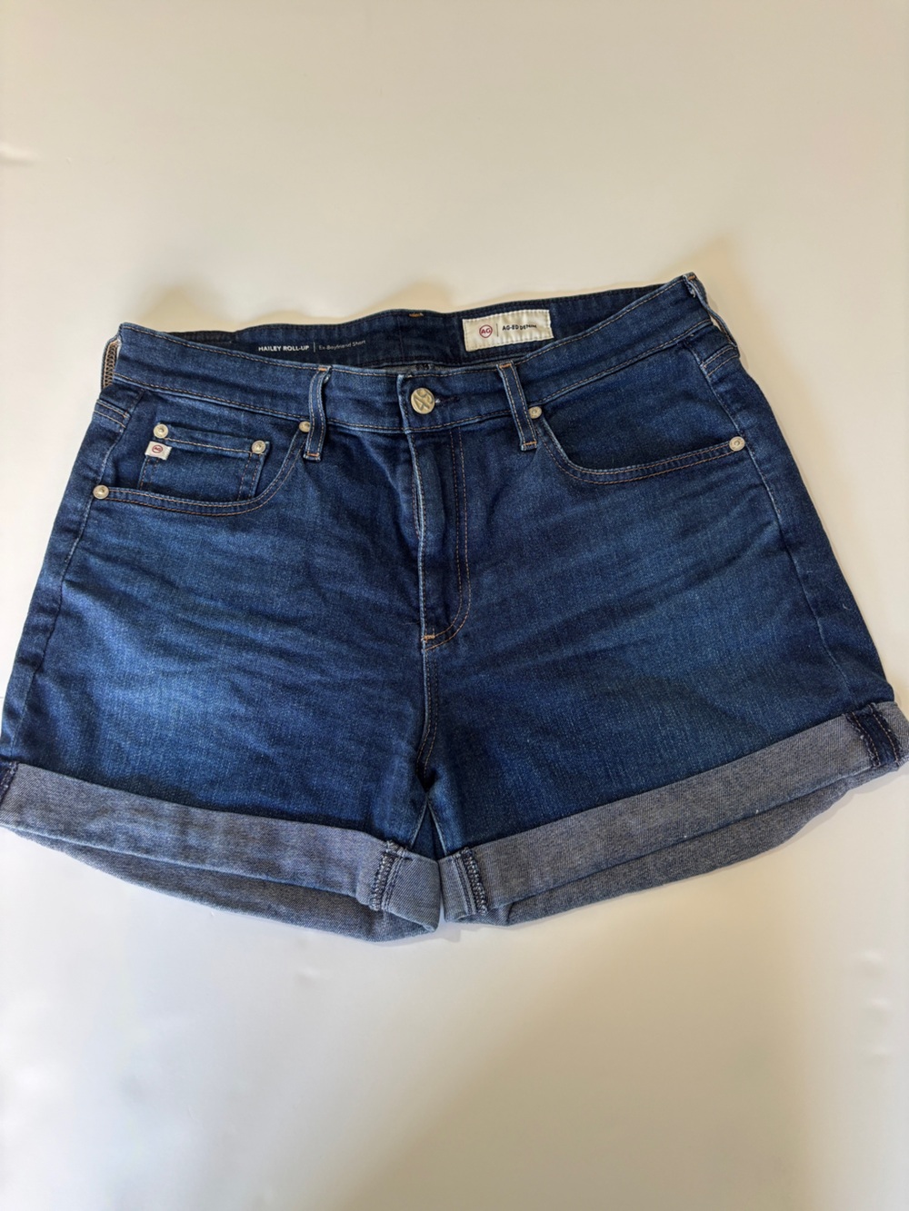 AG Hailey Roll-Up Ex-Boyfriend Denim Shorts Dark Indigo Cuffed Hem - Size 29R